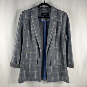 Liverpool Los Angeles Womens Plaid Print Open Front Blazer Blue Size S